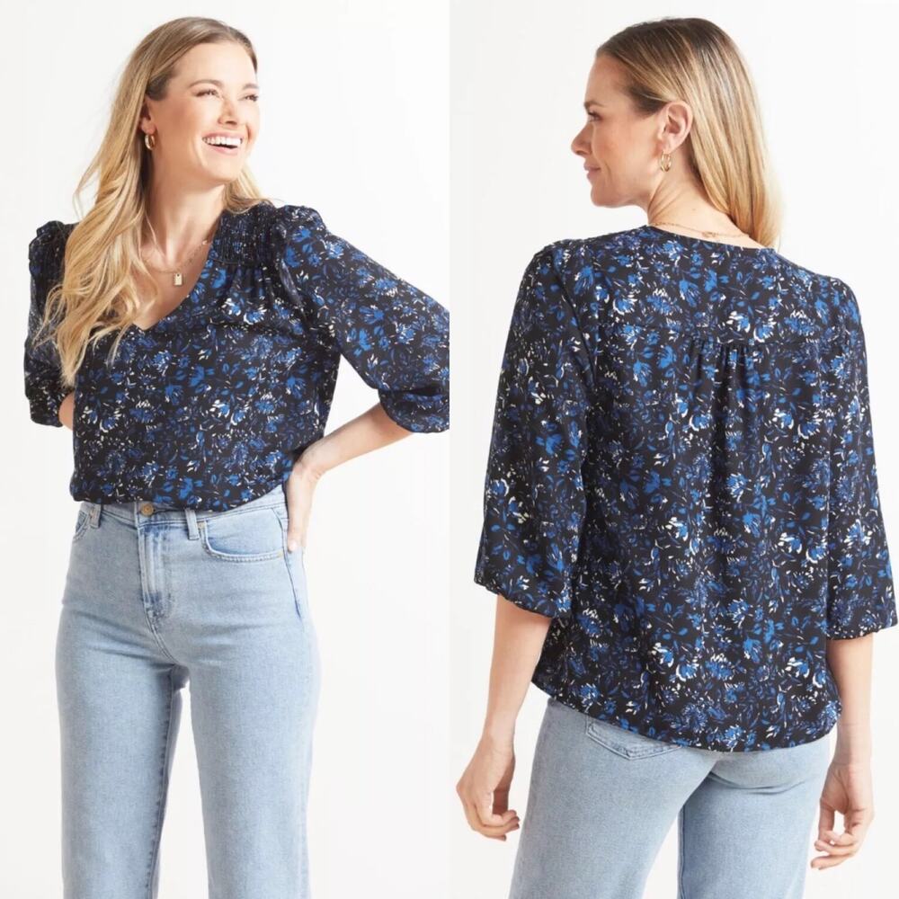 Roan + Ryan Ellis V-Neck Floral Blouse‎ Medium Smocking Ruffle 3/4 Sleeves